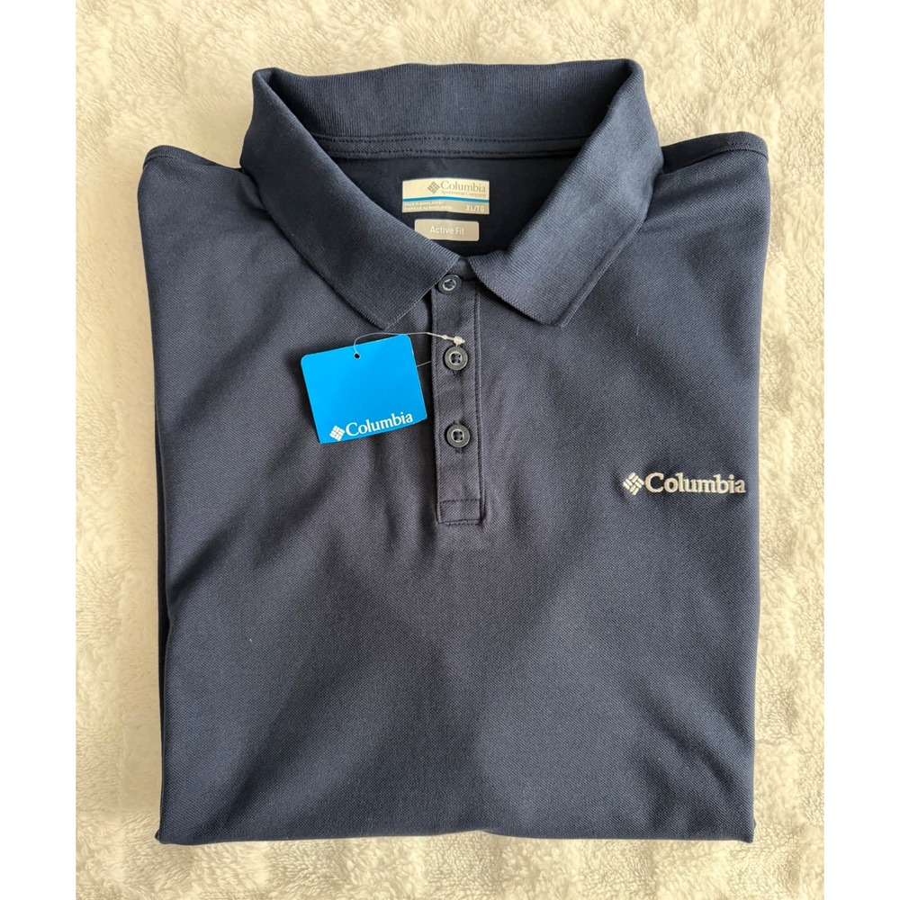 NWT- Columbia Mens Navy Blue Active Fit Short Sleeve Solid Pique Polo Shirt XL